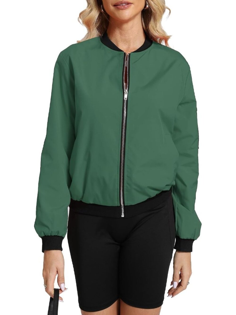 Women Green 100% Polyester Zip-Up Shawl Collar Pocket Windbreaker Bomber Jacket